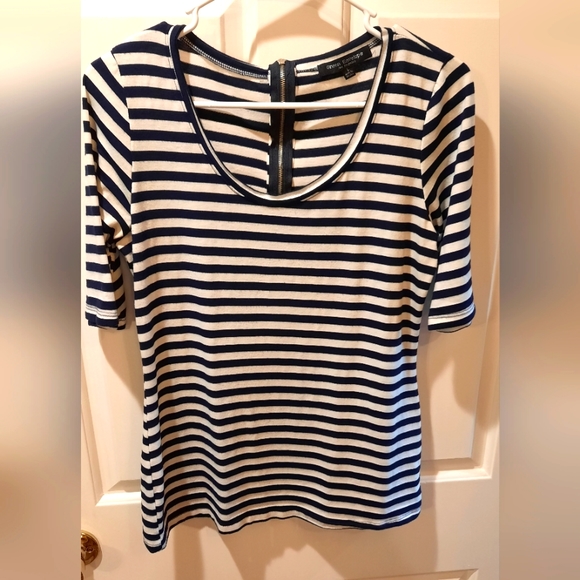 Green Envelope Tops - Green Envelope Shirt Womans Large Black White Stripes Back Zip Short Sleeve